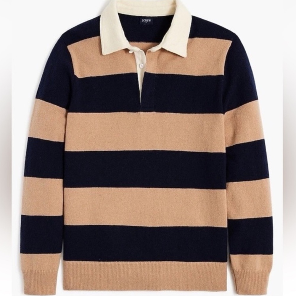 J. Crew Men's Navy and Tan Striped Rugby Polo Sweater Wool Blend